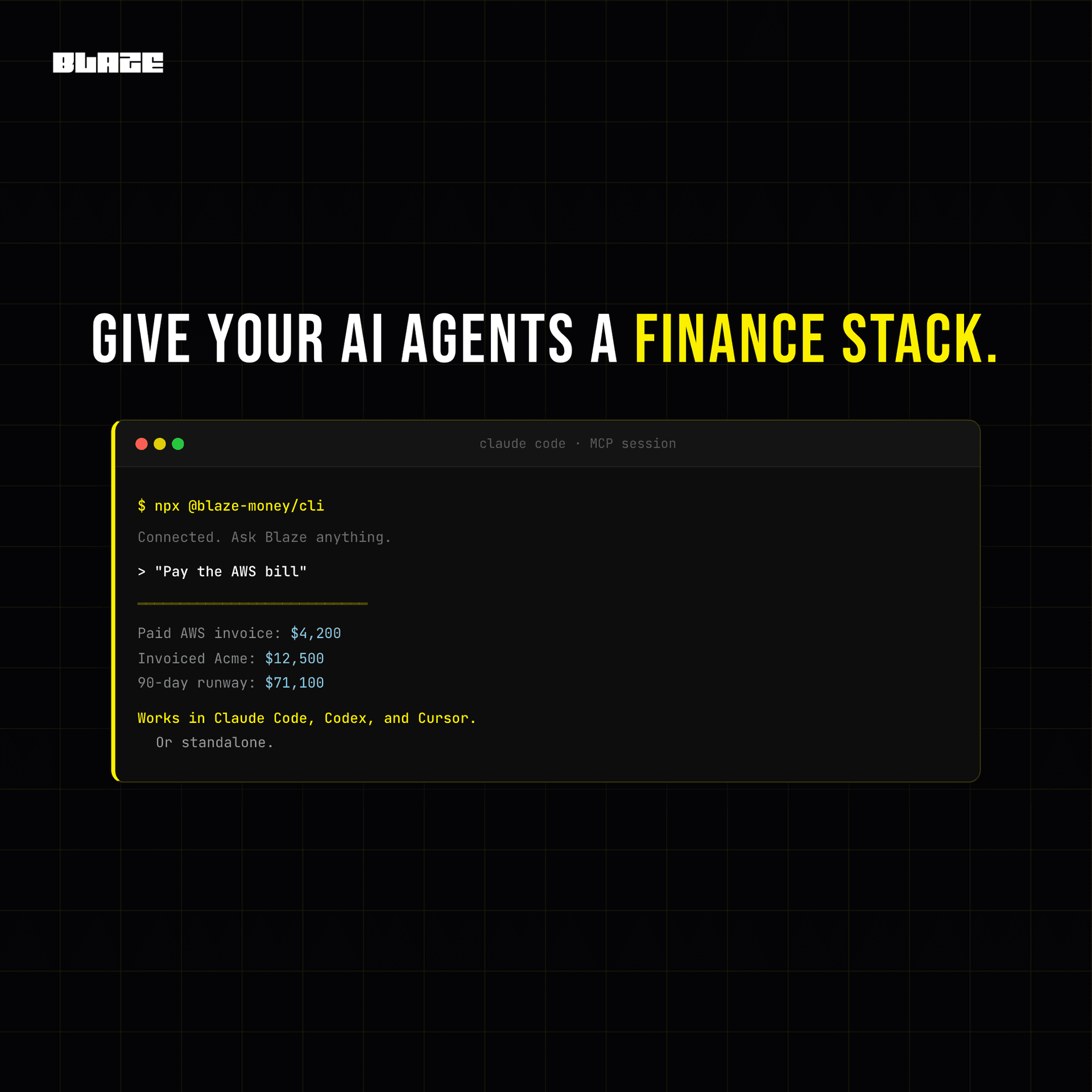 Terminal running npx @blaze-money/cli: "Pay the AWS bill" returns paid AWS invoice $4,200, invoiced Acme $12,500, 90-day runway $71,100. Works in Claude Code, Codex, and Cursor